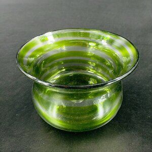 Blenko Art Glass Bowl Planter‎ Flower Pot Hand Blown Green Clear Lines Round Vtg